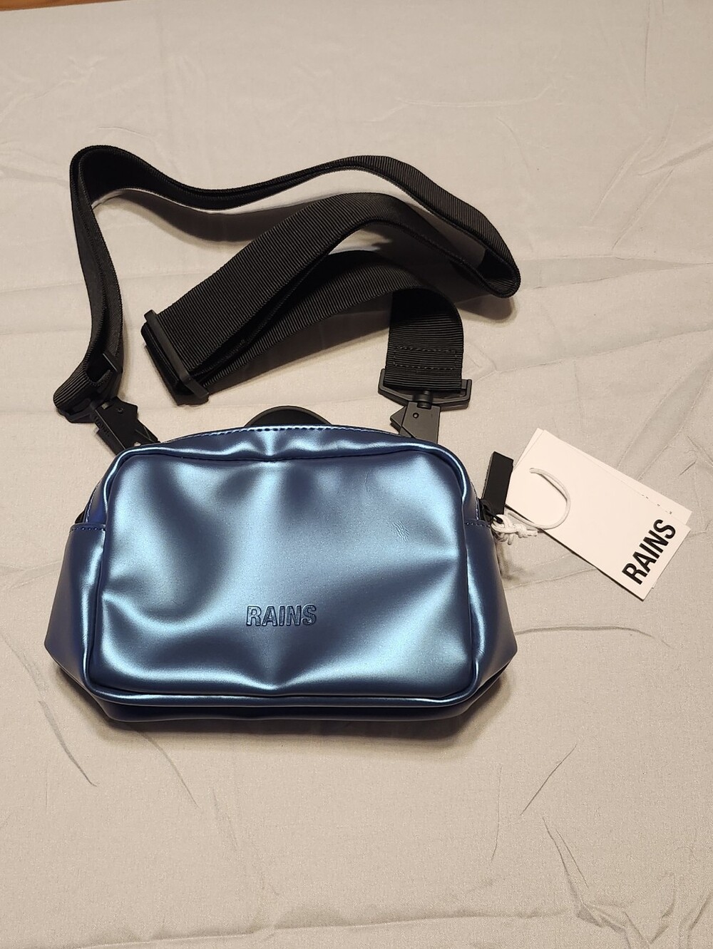 Rains Metallic Blue Micro Box Bag with Black Strap